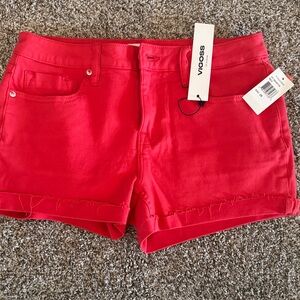 Vigoss Bright Red Denim Frayed Hem Shorts